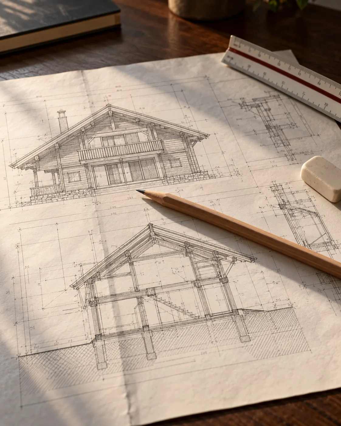 Plan de chalet en bois, crayon et règle d'échelle : le travail de conception d'ArchiBois Concept